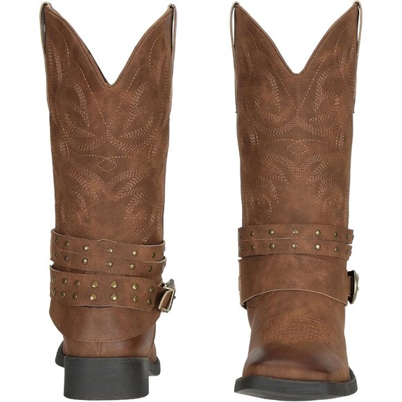 Women's Cowgirl Boots with Buckles Wide Mid Calf Western Cowboy Boots Square Toe - Picture 2 of 8